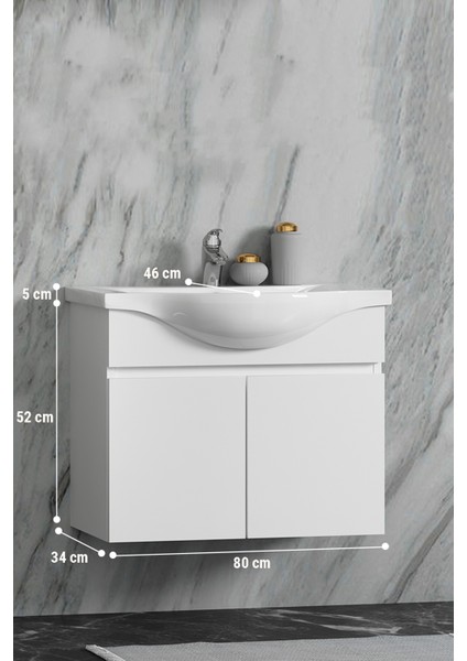 Yıldız 80 cm Komple Parlak Beyaz Renkli Mdf Alt Dolap ve Lavabo Taşı