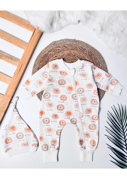 Erkek Bebek Be Wild Aslan Desenli Beyaz Şapkalı Tulum