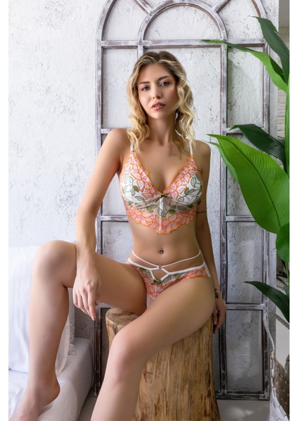 Çiçekli Bralet Sütyen ve Slip Külot Takım Ekru (32056)