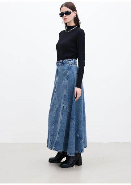 Volanlı Denim Etek Mavi