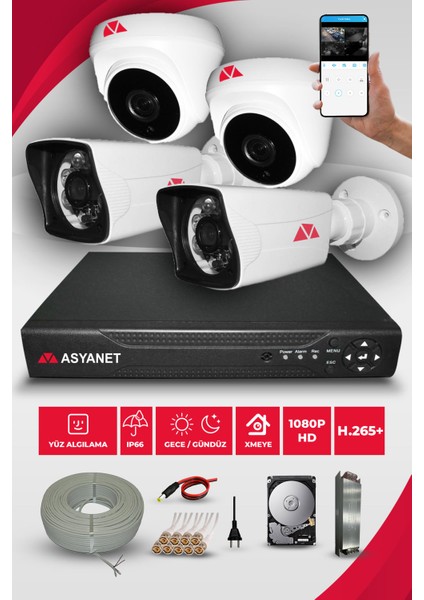 4 Kameralı Kare 2 Dış 2 İç Kamera Set 320 GB HDD Full Hd Gece Görüşlü Güvenlik Kamerası Sistemi