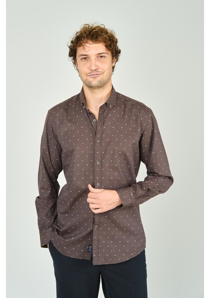 Erkek Slim Fit Desenli Uzun Kollu Pamuk Gömlek 2045 Kahverengi