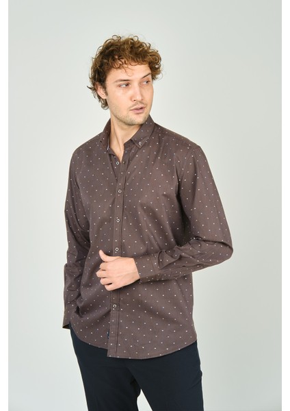 Erkek Slim Fit Desenli Uzun Kollu Pamuk Gömlek 2045 Kahverengi fiyatları