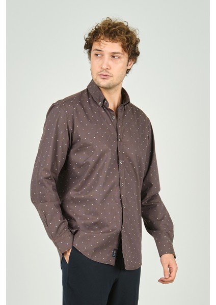 Erkek Slim Fit Desenli Uzun Kollu Pamuk Gömlek 2045 Kahverengi modelleri