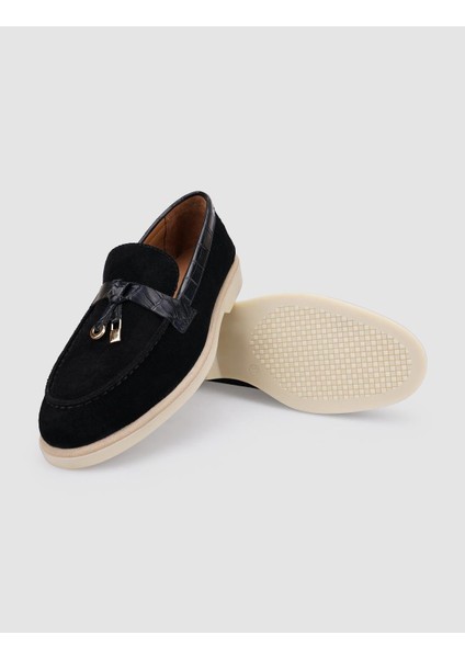 %100 Hakiki Deri Siyah Süet Kadın Loafer
