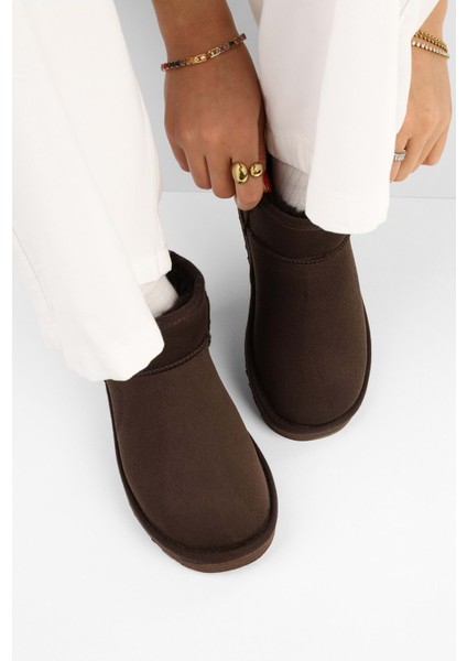 Kadın Upps Kahve Içi Tüylü Kısa Süet Düz Bot modelleri