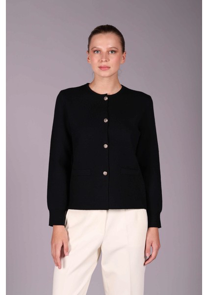 Kadın Bisiklet Yaka Gold Metal Düğmeli Hırka 2579 Siyah