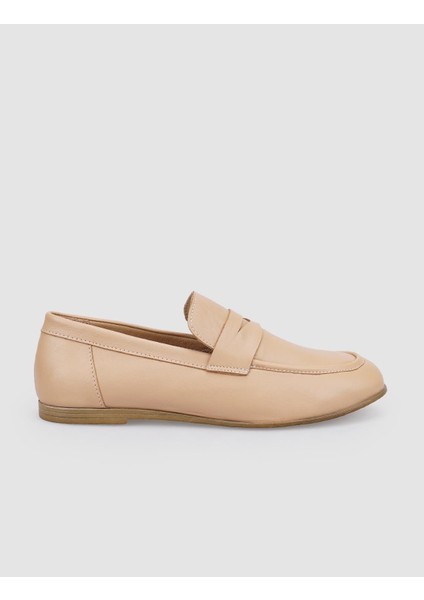 %100 Hakiki Deri Bej Kadın Loafer