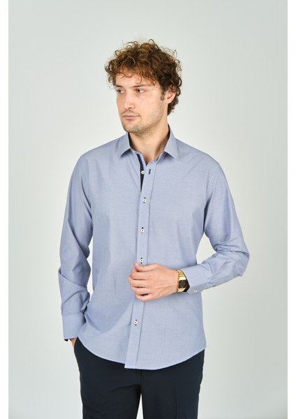 Erkek Slim Fit Uzun Kollu %100 Pamuk Gömlek 2008 Mavi