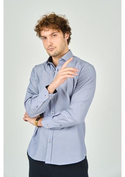 Erkek Slim Fit Uzun Kollu %100 Pamuk Gömlek 2008 Mavi