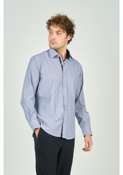 Erkek Slim Fit Uzun Kollu %100 Pamuk Gömlek 2008 Mavi
