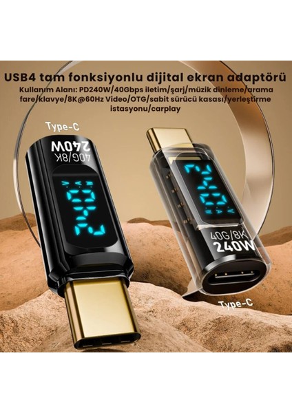 Coofbe Dijital Ekranlı 40GPBS 240W Type-C To Type-C Dönüştürücü 8k 60Hz Type-C Hdmi Şarj Data Hdmi Çevirici