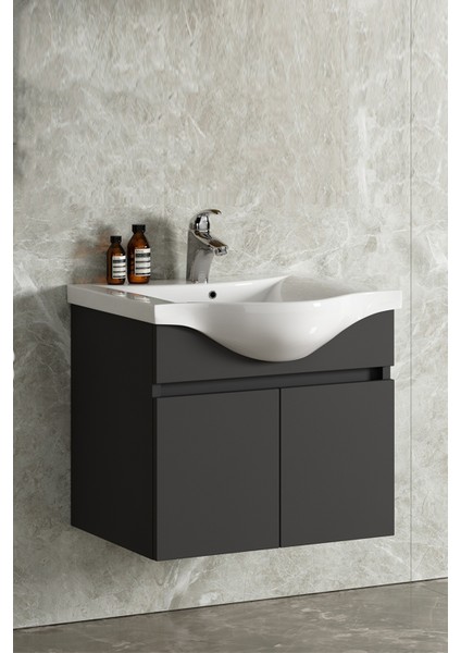 Yıldız 55 Komple Antrasit Gri Mat Renkli Mdf Alt Dolap ve Lavabo Taşı