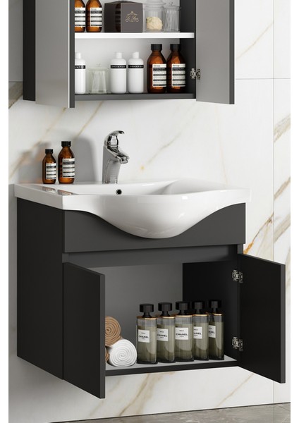 Yıldız 55 Komple Antrasit Gri Mat Renkli Mdf Alt Dolap ve Lavabo Taşı