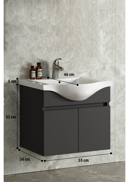 Yıldız 55 Komple Antrasit Gri Mat Renkli Mdf Alt Dolap ve Lavabo Taşı
