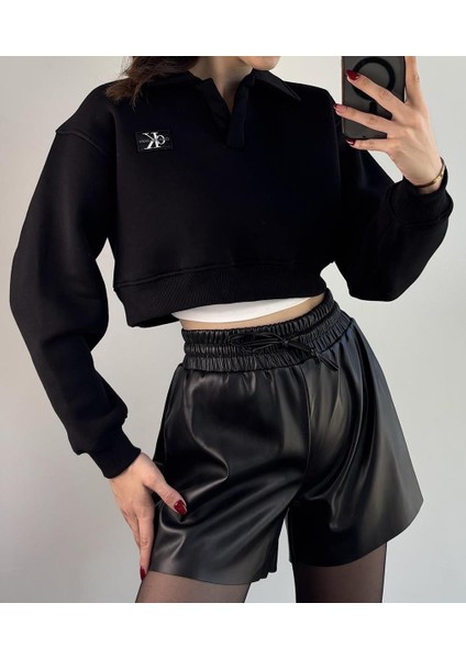 Polo Yaka Nakışlı Kadın Crop Sweatshirt