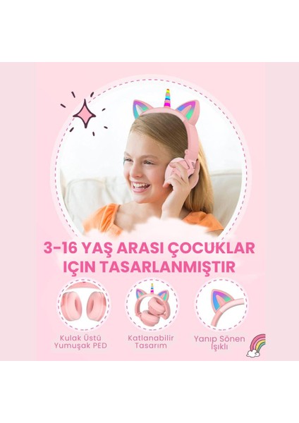 Unicorn 94DB Güvenli Ses Kontrollü Yumuşak Kulak Pedli Bluetooth Kulaklık Bluetooth Çocuk Kulaklığı