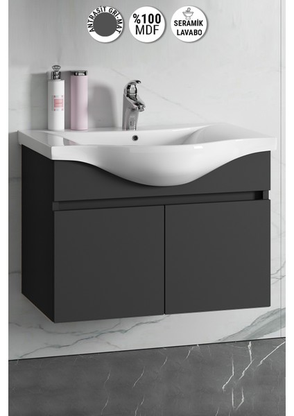 Yıldız 80CM Komple Antrasit Gri Mat Renkli Mdf Alt Dolap ve Lavabo Taşı