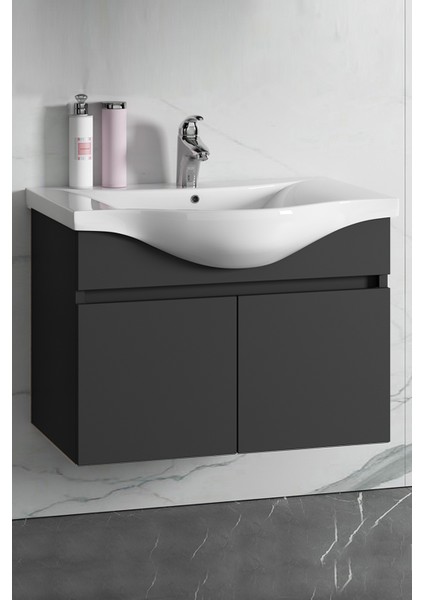 Yıldız 80CM Komple Antrasit Gri Mat Renkli Mdf Alt Dolap ve Lavabo Taşı
