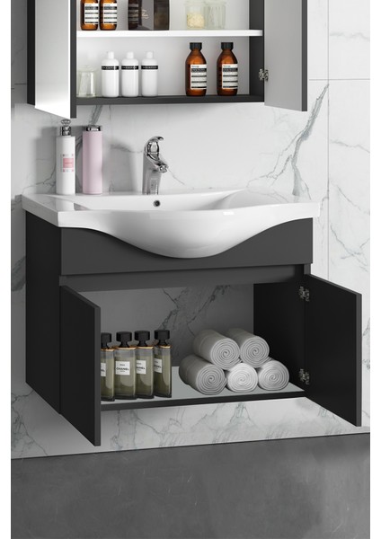 Yıldız 80CM Komple Antrasit Gri Mat Renkli Mdf Alt Dolap ve Lavabo Taşı