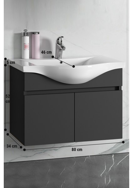 Yıldız 80CM Komple Antrasit Gri Mat Renkli Mdf Alt Dolap ve Lavabo Taşı