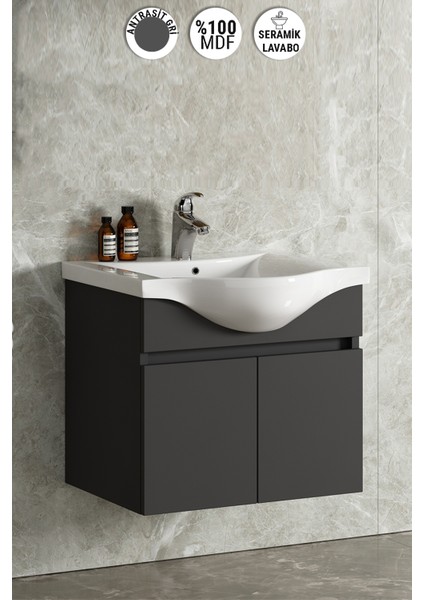 Yıldız 65CM Komple Antrasit Gri Mat Renkli Mdf Alt Dolap ve Lavabo Taşı