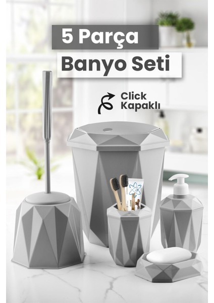5 Parça Vanity Klik Kapaklı Banyo Seti - Dekoratif Çöp Kovası Diş Fırçalık Sabunluk Fırça Seti