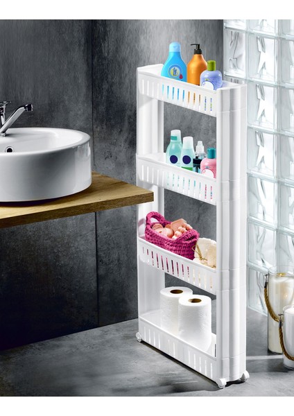 Fiore 4 Katlı Tekerlekli Banyo Düzenleyici Raf Ünitesi – Çok Amaçlı Dikdörtgen Slim Banyo Organizer