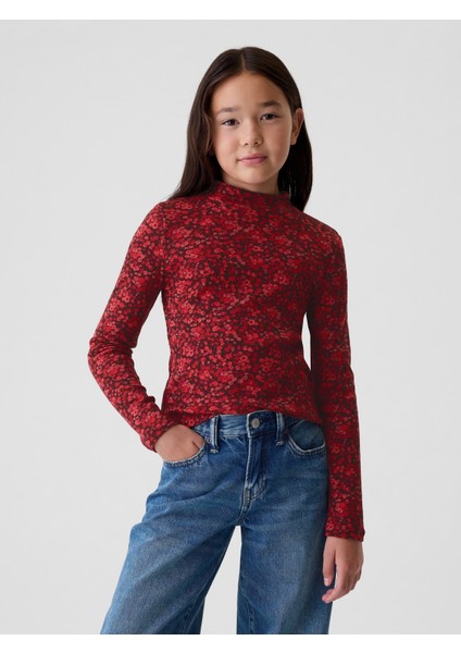 Kız Çocuk Bordo Fitilli Mockneck Yaka T-Shirt