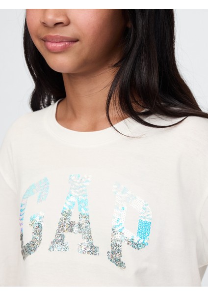 Kız Çocuk Kırık Beyaz Logo Pullu T-Shirt