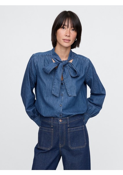 Kadın Lacivert Fular Detaylı Denim Gömlek