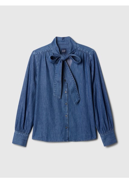 Kadın Lacivert Fular Detaylı Denim Gömlek