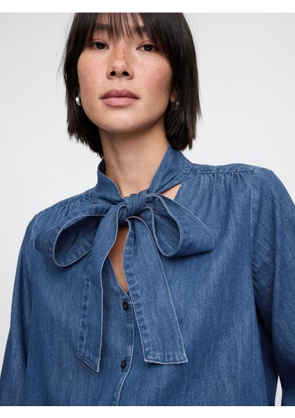 Kadın Lacivert Fular Detaylı Denim Gömlek