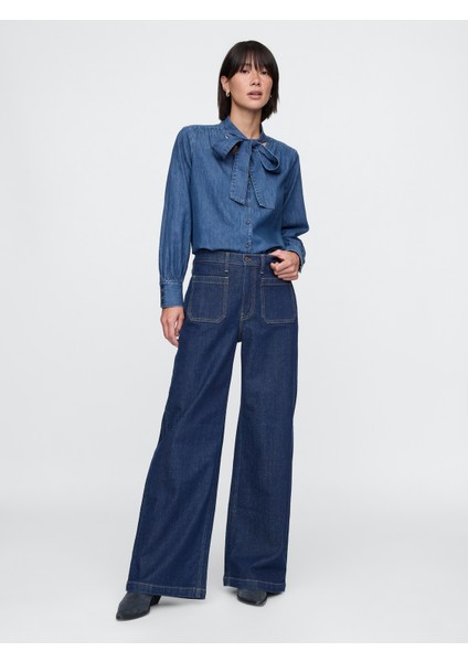 Kadın Lacivert Fular Detaylı Denim Gömlek