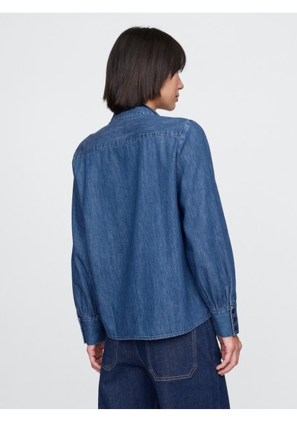 Kadın Lacivert Fular Detaylı Denim Gömlek