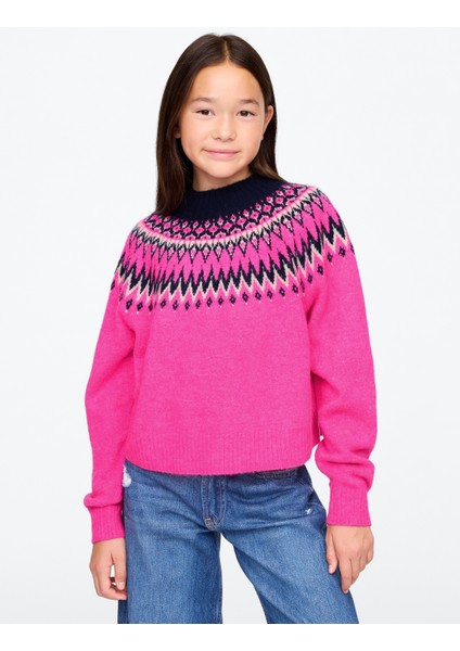 Kız Çocuk Pembe Fair Isle Desenli Kazak