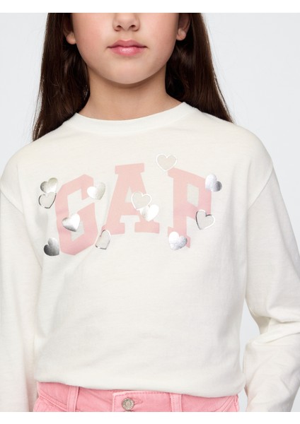 Kız Çocuk Kırık Beyaz Heart Logo T-Shirt