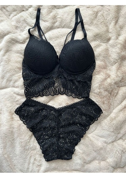 Kadın Dolgulu Bralet Push Up Siyah Sütyen Takım