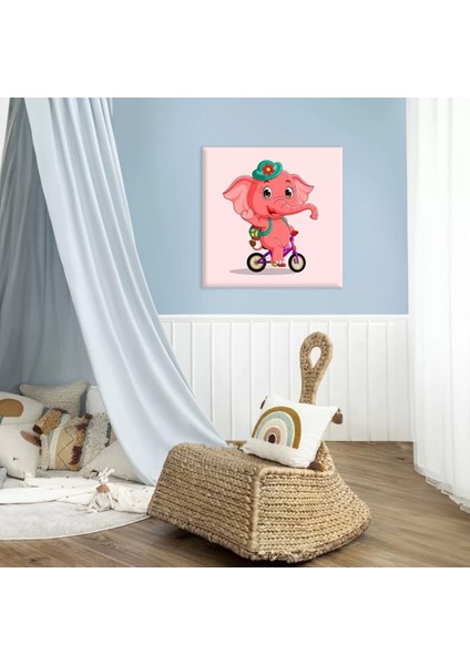 Pembe Fil Bisiklette Kanvas Tablo