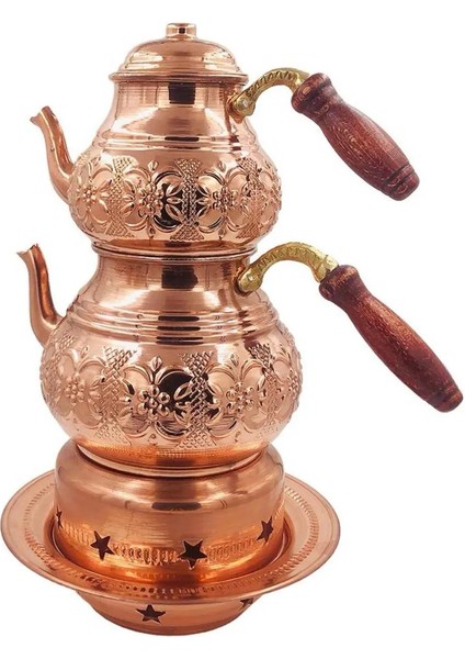 Bakır Çiçekli Osmanlı Isıtıcı Ocaklı Büyük Çaydanlık