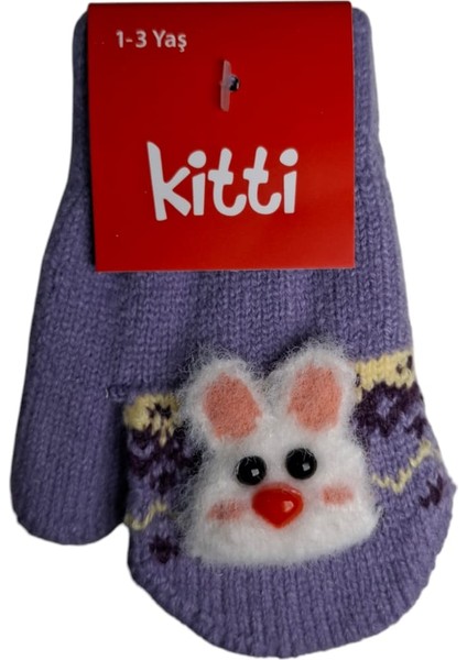 Spteks Kitti 1-3 Yaş Bebe Kız Lila Renk Kışlık Maskotlu Örme Eldiven