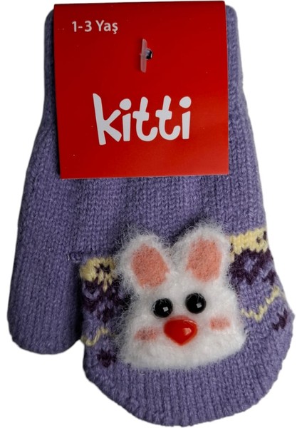 Spteks Kitti 1-3 Yaş Bebe Kız Lila Renk Kışlık Maskotlu Örme Eldiven