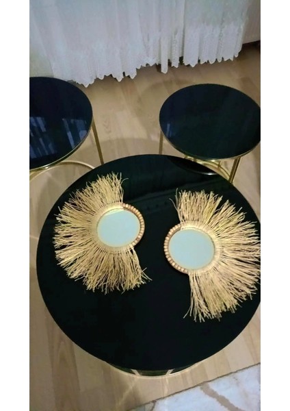 Bohem Dekoratif Üçlü Bohem Ayna Seti Rafya Ayna Hasır Pano Duvar Süsü El Yapımı Ayna Ev Çocuk Bebek