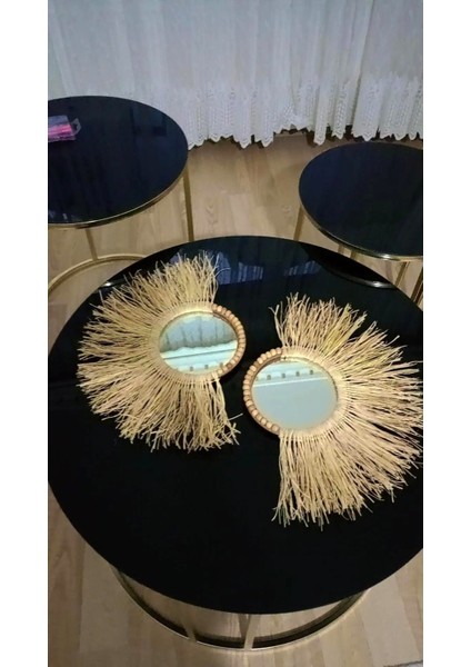 Bohem Dekoratif Üçlü Bohem Ayna Seti Rafya Ayna Hasır Pano Duvar Süsü El Yapımı Ayna Ev Çocuk Bebek modelleri