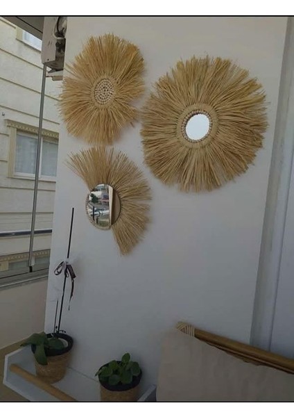 Bohem Dekoratif Üçlü Bohem Ayna Seti Rafya Ayna Hasır Pano Duvar Süsü El Yapımı Ayna Ev Çocuk Bebek