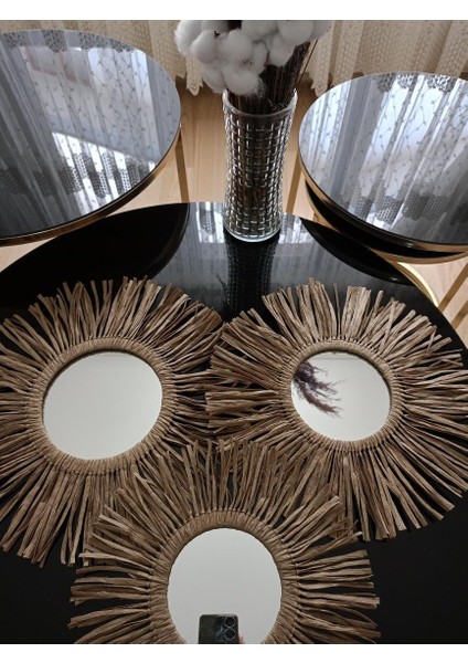 Bohem Dekoratif Üçlü Bohem Ayna Seti Rafya Ayna Hasır Pano Duvar Süsü El Yapımı Ayna Ev Çocuk Bebek modelleri