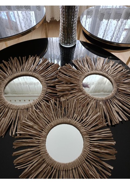 Bohem Dekoratif Üçlü Bohem Ayna Seti Rafya Ayna Hasır Pano Duvar Süsü El Yapımı Ayna Ev Çocuk Bebek fırsatları