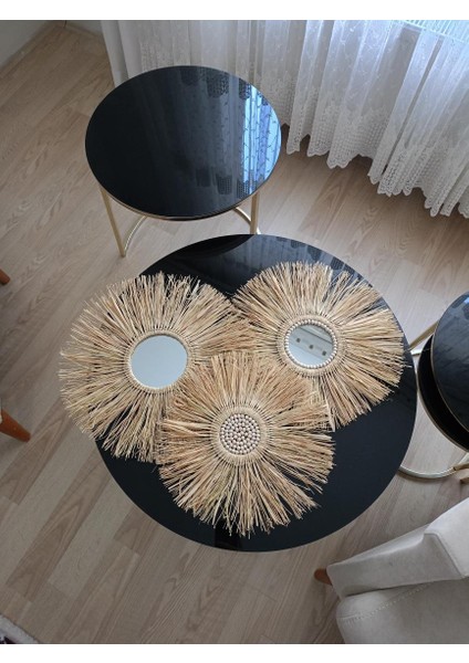 Bohem Dekoratif Üçlü Bohem Ayna Seti Rafya Ayna Hasır Pano Duvar Süsü El Yapımı Ayna Ev Çocuk Bebek