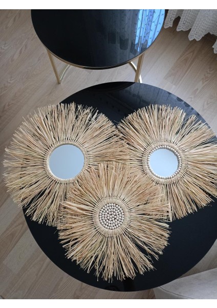 Bohem Dekoratif Üçlü Bohem Ayna Seti Rafya Ayna Hasır Pano Duvar Süsü El Yapımı Ayna Ev Çocuk Bebek fiyatları