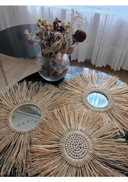 Bohem Dekoratif Üçlü Bohem Ayna Seti Rafya Ayna Hasır Pano Duvar Süsü El Yapımı Ayna Ev Çocuk Bebek modelleri